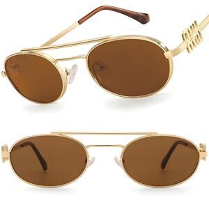 Gold & Brown Oval Sunglasses For Women Celebrity Elegant Fashion Trendy Chic